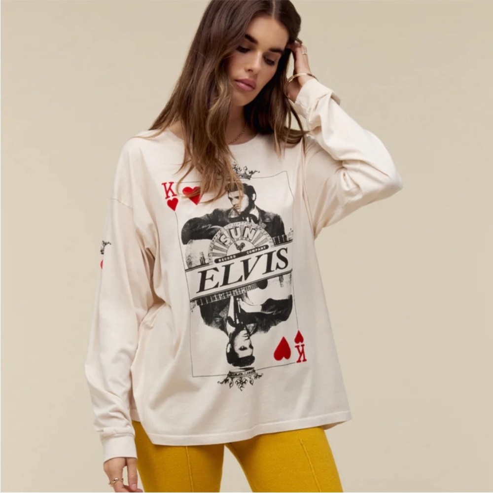 Daydreamer Elvis Graphic Cream Long Sleeve Top with heart patch
